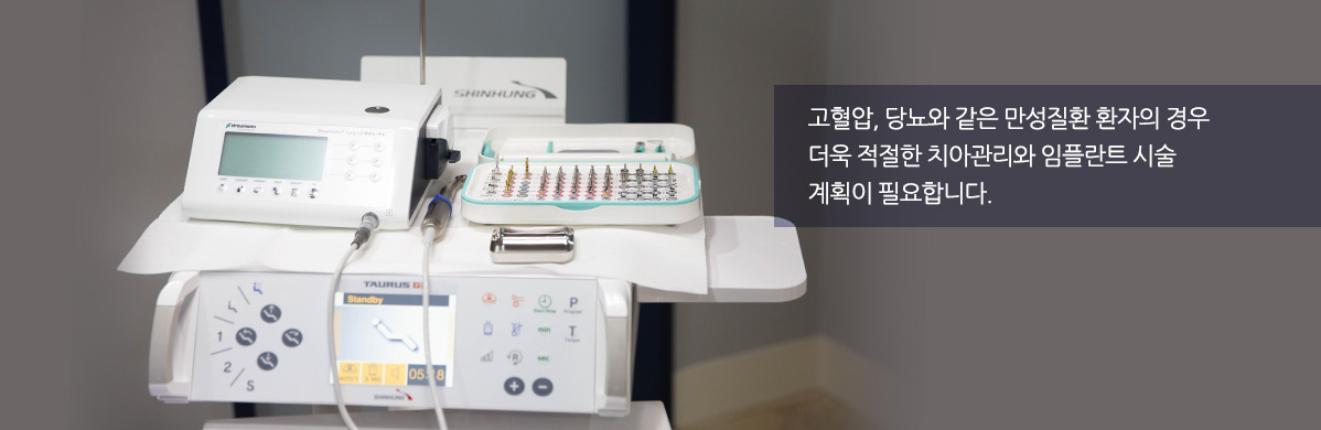 고혈압, 당뇨와 같은 만성질환 환자의 경우 더욱 적절한 치아관리와 임플란트 시술 계획이 필요합니다.